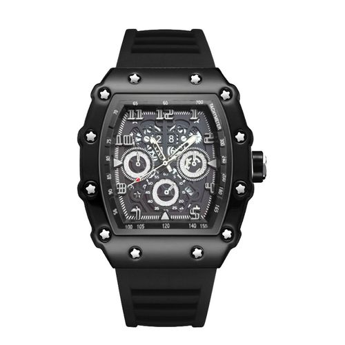 Tonneau Quartz Watch with Luminous Hands & Silicone Strap