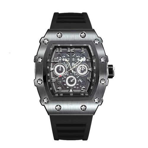 Tonneau Quartz Watch with Luminous Hands & Silicone Strap