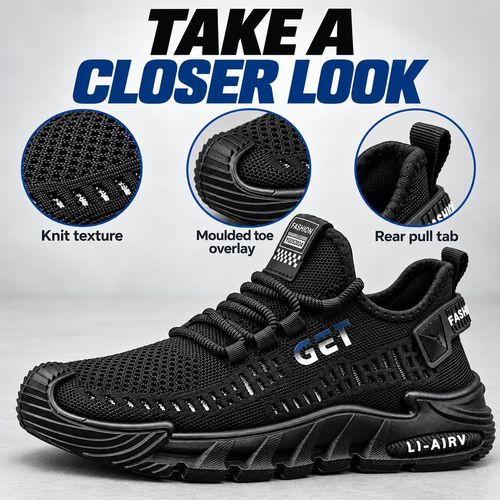 Black Breathable Knit Lace-Up Sneakers