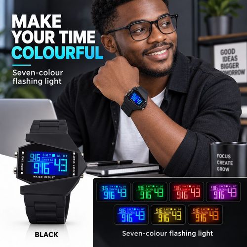 Aircraft-Style Digital Watch with Seven-Colour Flashing Light