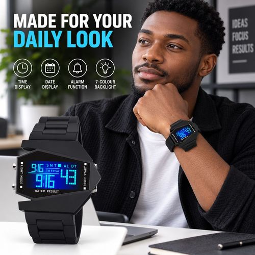 Aircraft-Style Digital Watch with Seven-Colour Flashing Light