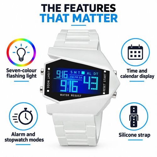 Aircraft-Style Digital Watch with Seven-Colour Flashing Light