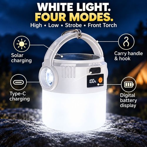 Solar Rechargeable Camping Lantern with Digital Battery Display & Side Torch