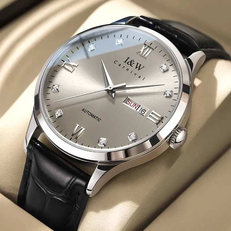 For Swiss Luxury Brand I&W Carnival Men's Stainless Steel Automatic Mechanical Sapphire Diamond Watch Dual Calendar Movement