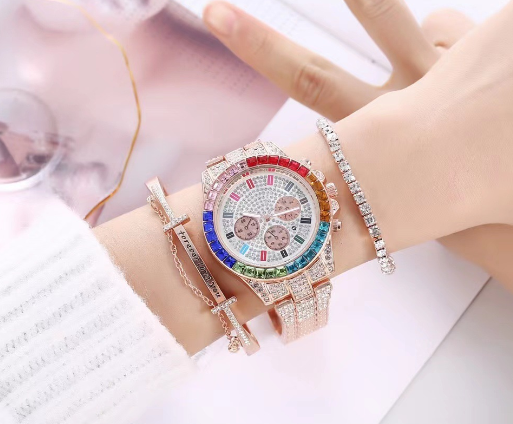 Three-piece set of colorful diamond-studded quartz watches