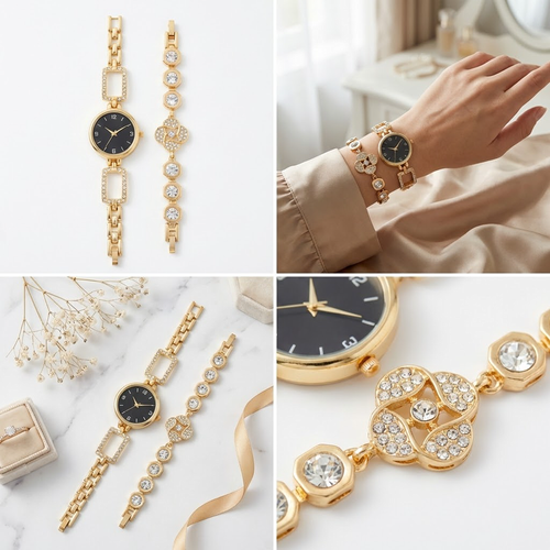 A pair of watch bracelets, available with white, gold, or black dials.