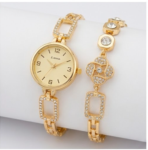 A pair of watch bracelets, available with white, gold, or black dials.