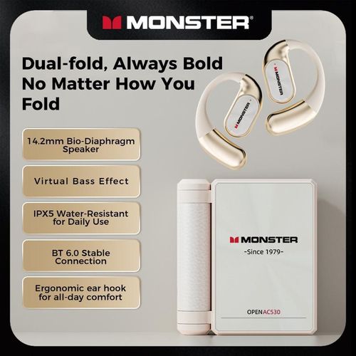 Monster AC530 Open-Ear Headset – Noise-Canceling Mic, 100H Battery, Bluetooth 6.0, IPX5 Sweatproof