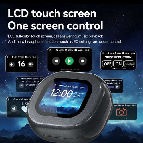 Open-Ear TWS Headphones with LCD Touch Screen, 60H Battery & Directional Sound (Bluetooth 5.4)