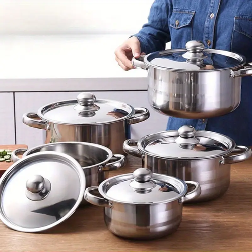 5-Piece Stainless Steel Cookware Set featuring durable pots and pans with lids, polished interior, riveted handles, and heat-resistant knobs