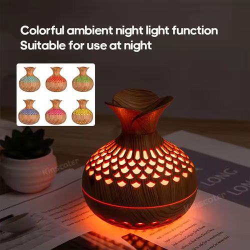 USB 7-Color Flower Humidifier with Light Wood Grain, Mini Hollow Design, Creative Home & Office Desktop Humidifier for Moisture Supplement