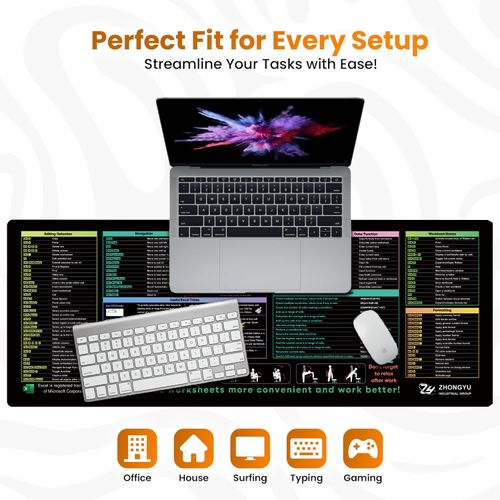 Excel Shortcut Key Waterproof Mouse Pad – Non-Slip & Extra-Large, Stitched Edge for Durability, Office & Gaming Compatible