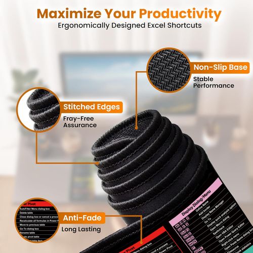 Excel Shortcut Key Waterproof Mouse Pad – Non-Slip & Extra-Large, Stitched Edge for Durability, Office & Gaming Compatible