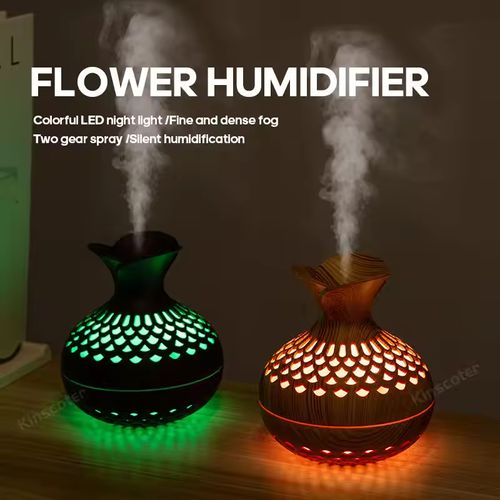 USB 7-Color Flower Humidifier with Light Wood Grain, Mini Hollow Design, Creative Home & Office Desktop Humidifier for Moisture Supplement