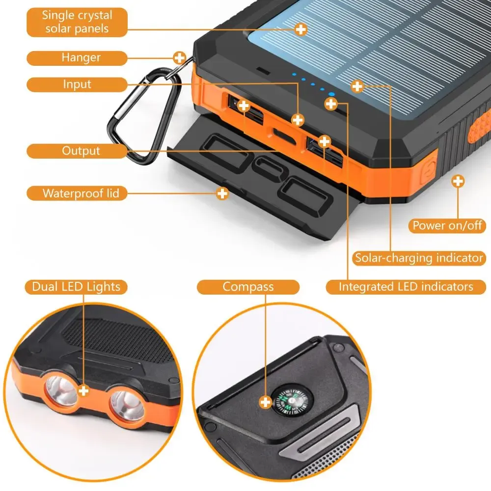 10000mAh Portable Solar Power Bank, Waterproof Solar Phone Charger with LED Light and Dual USB Ports, Compatible with iPhone and Android GLOBAL PICKS