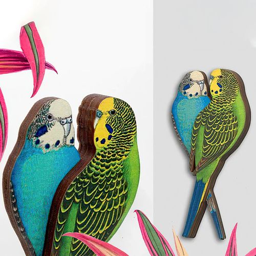 Parrots Wooden Brooch