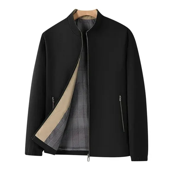 IYTR Men's Reversible Jacket Stand Collar Zipper Closure Lightweight Windbreaker Outerwear with Plaid Lining BlackXL