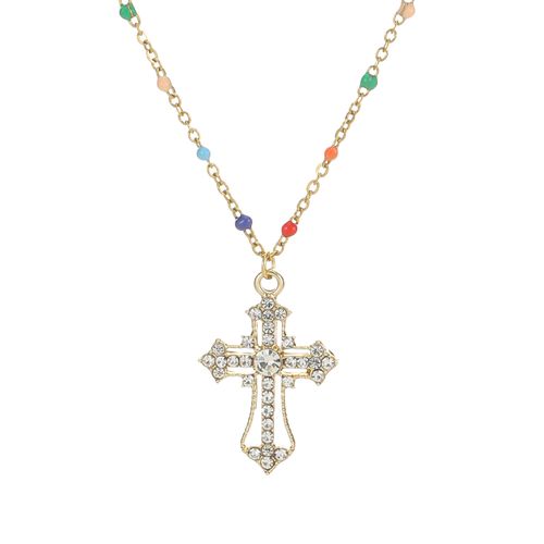 Simple cross-shaped necklace pendant, mixed-color bead chain, zircon main stone gift