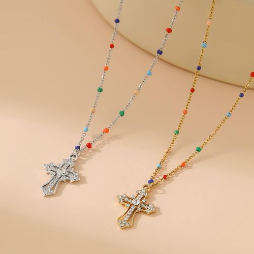 Simple cross-shaped necklace pendant, mixed-color bead chain, zircon main stone gift