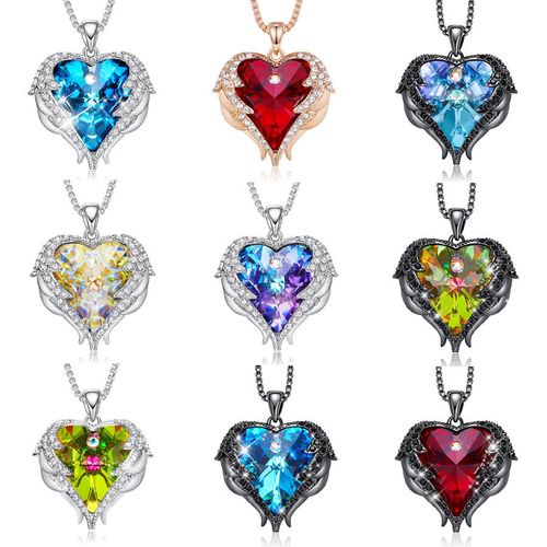Elegant and fashionable jewelry for women, exquisite crystal gemstone necklace, heart-shaped angel wing pendant necklace