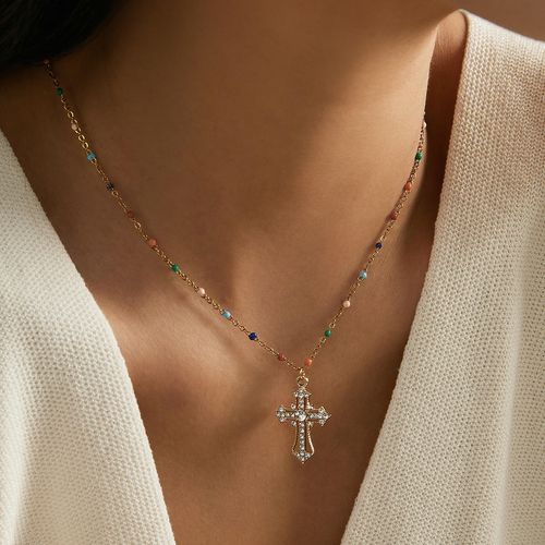Simple cross-shaped necklace pendant, mixed-color bead chain, zircon main stone gift
