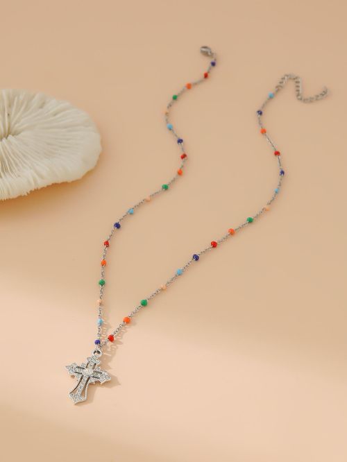 Simple cross-shaped necklace pendant, mixed-color bead chain, zircon main stone gift