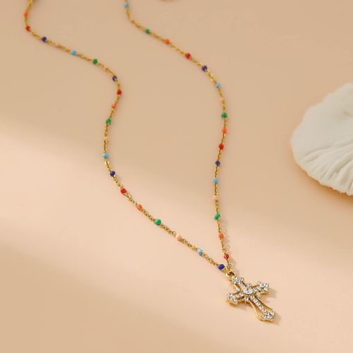 Simple cross-shaped necklace pendant, mixed-color bead chain, zircon main stone gift
