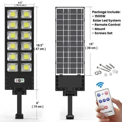 ⏰1500W Solar Street Lights, Solar Flood Lights Outdoor Dusk to Dawn 6500k LED Solar Pole Light with Remote Control IP67 Waterproof for Parking Lot, Yard, Garage and Garden