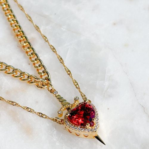 Sword and Heart 18K Gold Plated Stainless Steel Couple Necklace Zircon Love Necklace for Couple
