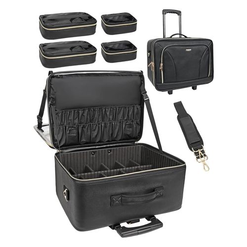 Rolling Extra Large 3-Layer Makeup Train Case with Adjustable Divider (PU Leather Black)