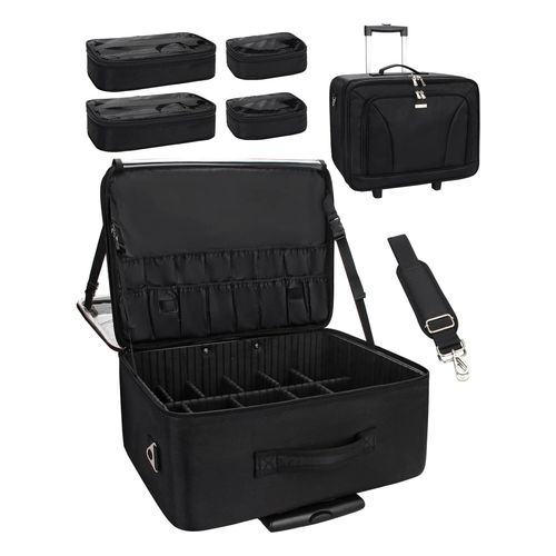 Rolling Extra Large 3-Layer Makeup Train Case with Adjustable Divider (Black)