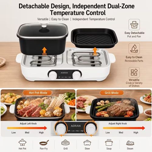 Multifunction 2-in-1 Cooking Power Electric Grill Pot for Soups and
