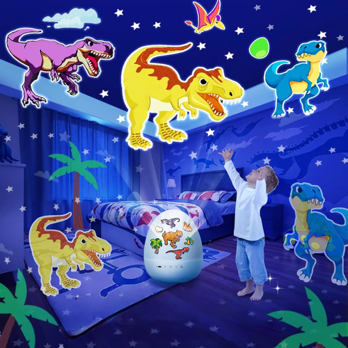 AWESOME GIFT Cartoon Dinosaur Egg Projection Lamp 6 Slides Dinosaur World Universe Animal Holiday Music Project Light