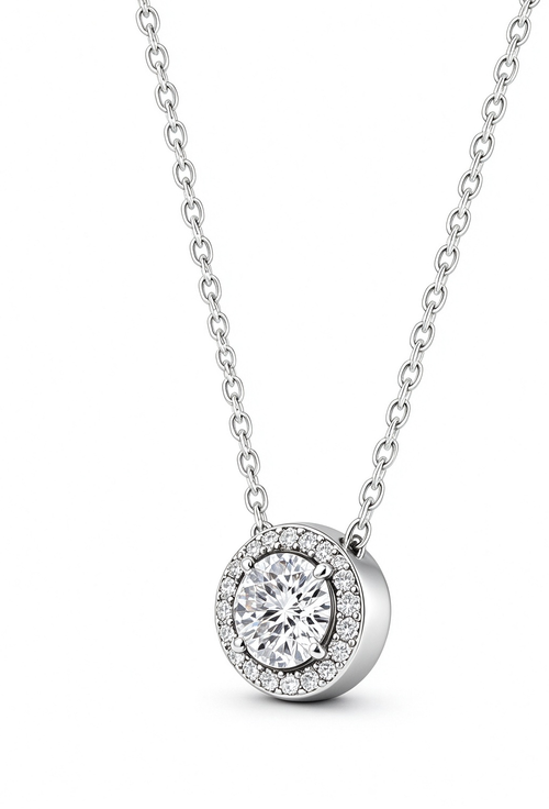Round Faux Diamond Silver Plated Necklace, Perfect Gift for Girlfriend