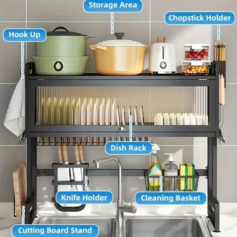 Metal multi-layer drain rack with chopstick holder, suitable for storage rack above kitchen sink