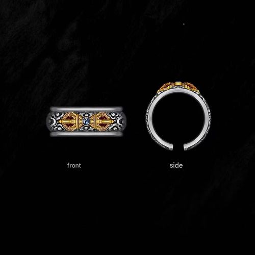 Vintage Exquisite Style Vajra Ring, Silver-Plated Gold with Blue Crystal & Cloud Pattern, Open Adjustable, Men's Unique Design for Blessing & Evil-Averting, Gift Box Packaging