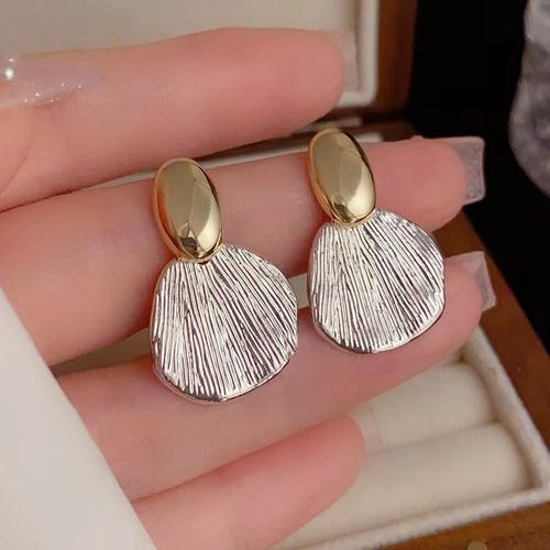 Minimalist Luxury Two-Tone Gold & Silver Vertical-Textured Shell Drop Earrings