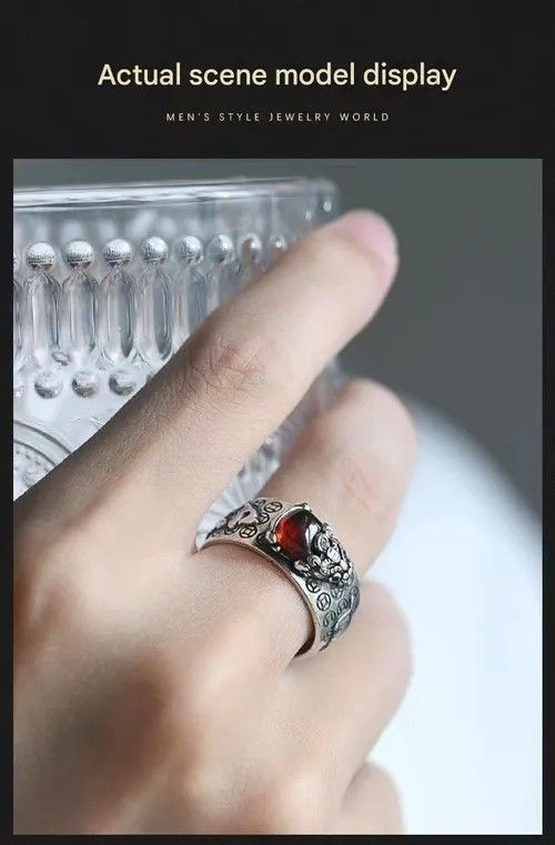 Vintage Silver-Tone 3D Relief Pixiu Ring: Red Heart Gem, Adjustable Open Band with Coin Motifs