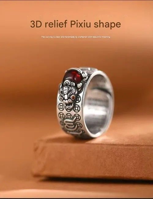 Vintage Silver-Tone 3D Relief Pixiu Ring: Red Heart Gem, Adjustable Open Band with Coin Motifs