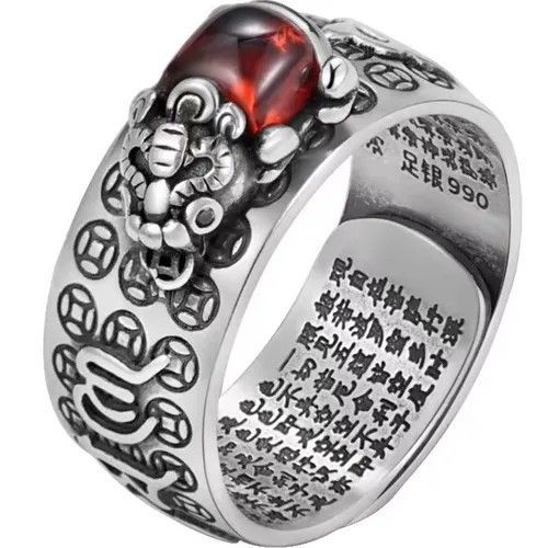 Vintage Silver-Tone 3D Relief Pixiu Ring: Red Heart Gem, Adjustable Open Band with Coin Motifs