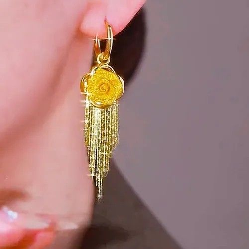 Gold-Tone Textured Rose Flower Tassel Chain Hoop Drop Earrings