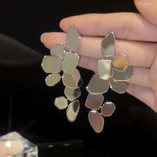 Silver-Tone Irregular Leaf Fragment Mirror-Finish Long Drop Earrings