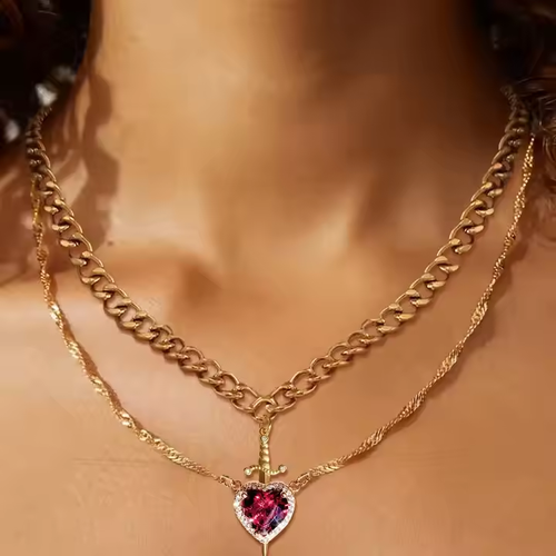 Edgy Layered Sword-Through-Heart Necklace with Red Cubic Zirconia Pendant