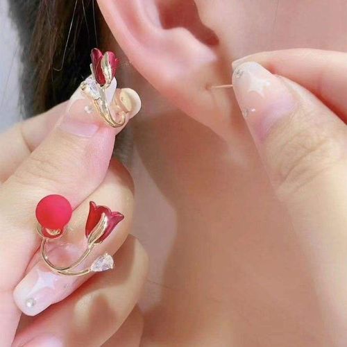 Longer Style Light Luxury Red Micro-Inlaid Zircon Tulip Flower & Pearl Drop Earrings