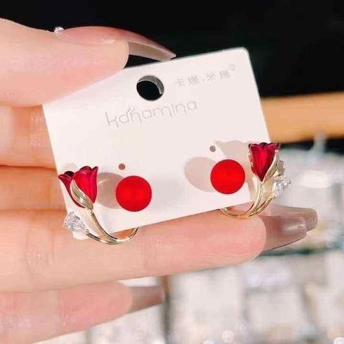 Longer Style Light Luxury Red Micro-Inlaid Zircon Tulip Flower & Pearl Drop Earrings