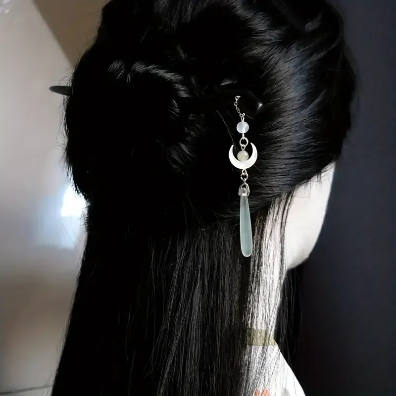 Vintage Chinese Style Wooden Hair Sticks for Women Girls Moon Tassel Hairpin Hair Clip Hanfu Headwear Jewelry Hair Accessories