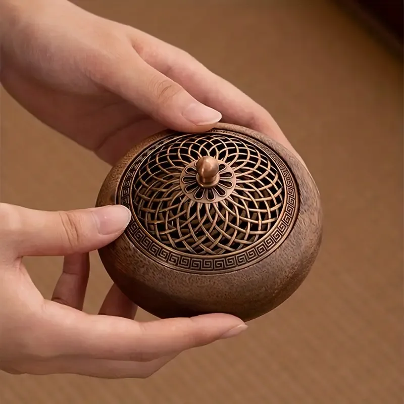 1pcs South American Walnut Retro Solid Wood Round Incense Burner, High-end Atmospheric Home Indoor Incense Burner