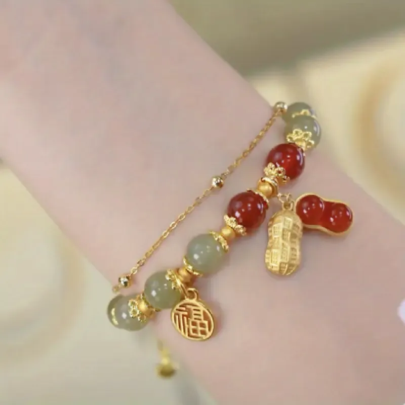 Good Fortune Peanut Natural Agate Bangle Red & Green with Golden Accents Elegant Design Auspicious Blessings Daily Luck​