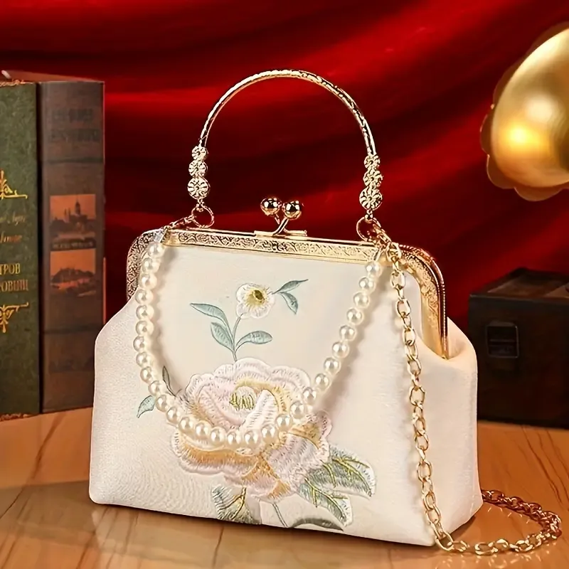 Elegant Heritage Embroidered Pearl Chain Bag | Gilded Lock in Oriental Style