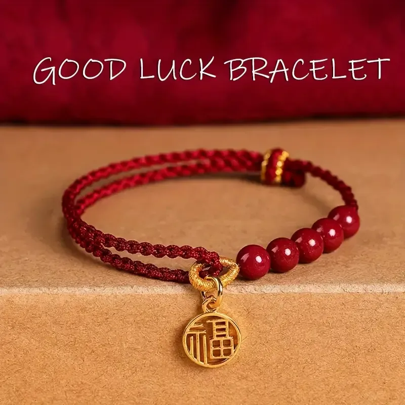 Lucky Red String Bracelet with  Fu  Charm | 5 Beads Auspicious Design | Festive Gift or Year of Destiny